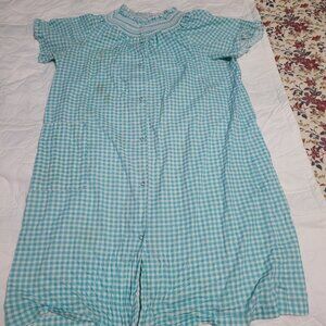 Vintage 1970s Leisure Life Smocked Housecoat Mumu Duster Blue White